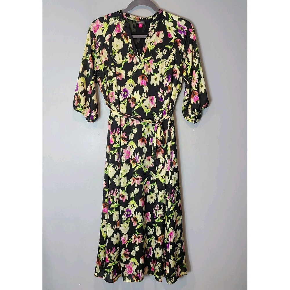 Vince Camuto Pink Black Floral Print Chiffon Maxi Dress Sz Large Flowy Boho